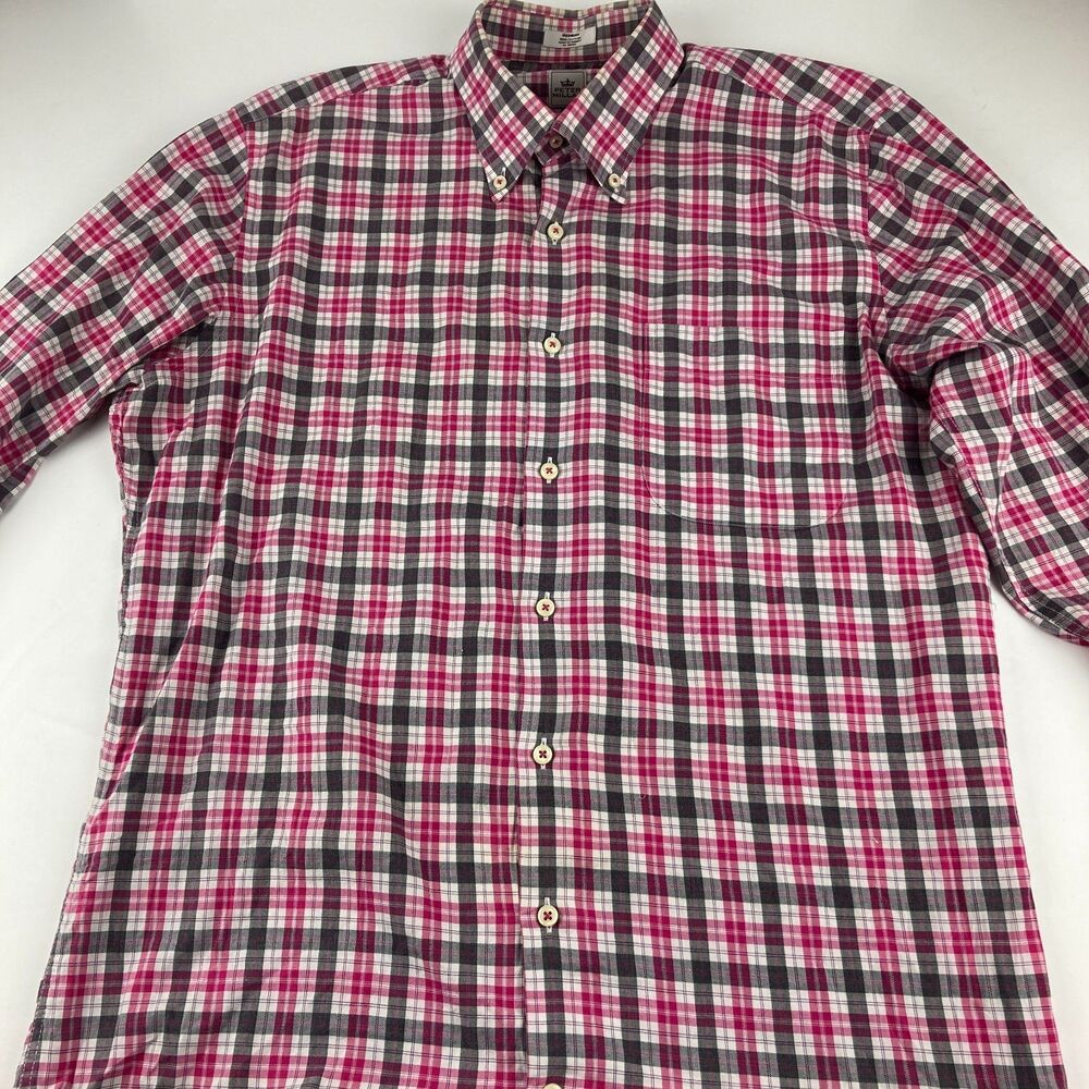 Peter Millar Men Medium Pink Gray Plaid Button Down Shirt 100% Cotton